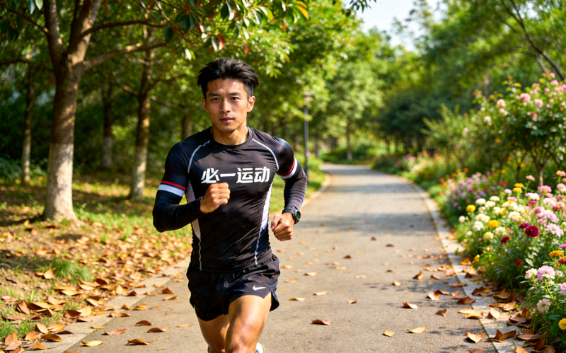一位跑者身穿必一运动专业跑步压缩衣和短裤在公园小径上跑步